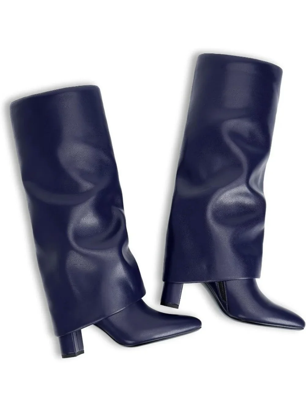 Women's Blue Pointed Toe Chunky Heel Faux Leather Over The Knee High Boots
